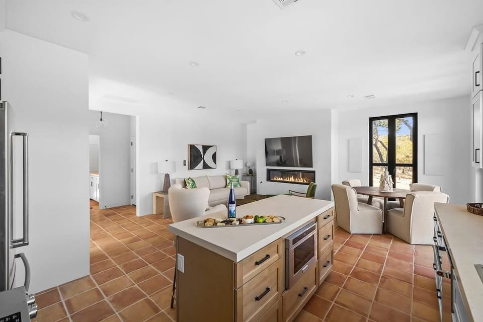 Kitchen, dining and living areas