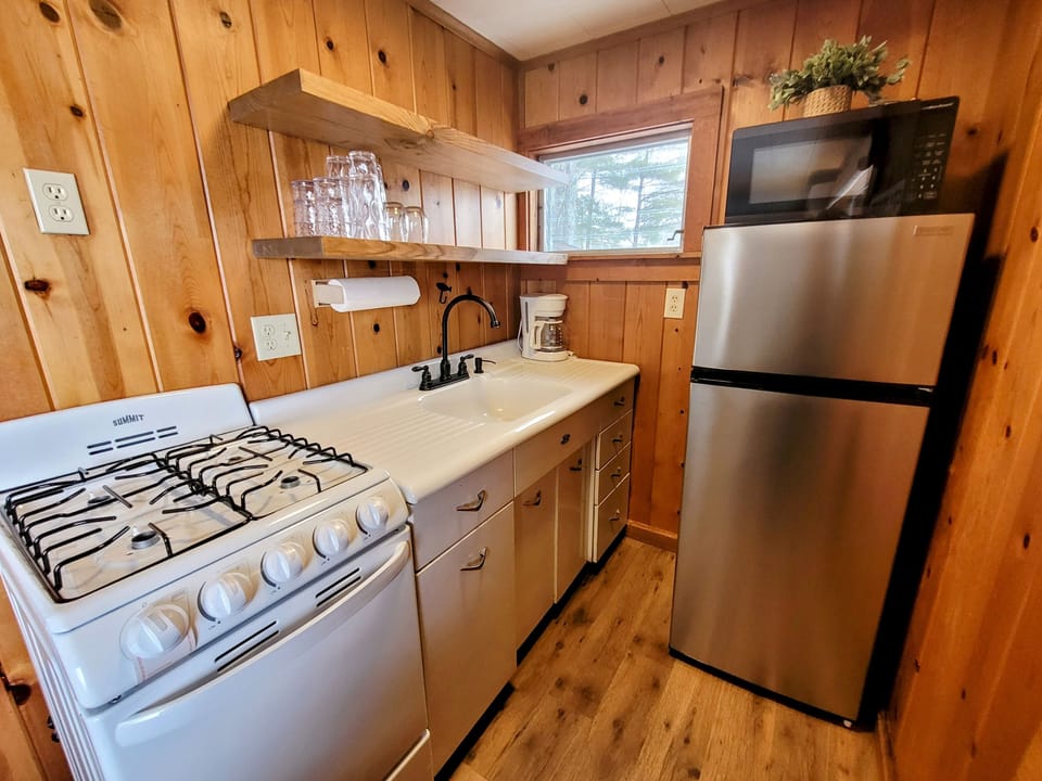 Cabin | Private kitchen | Full-size fridge, microwave, oven, stovetop