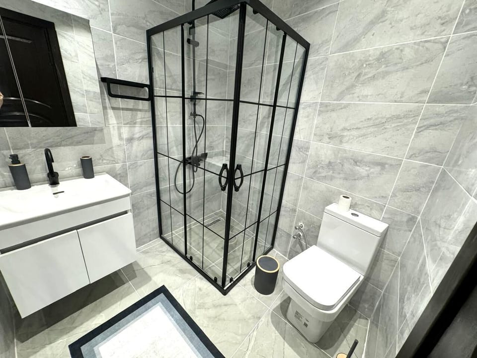 Shower, hair dryer, towels, toilet paper