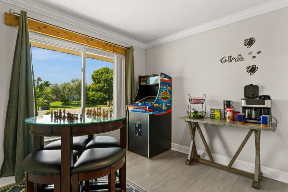 Fun Time arcade with chess and checkers, video games, and a coffee bar