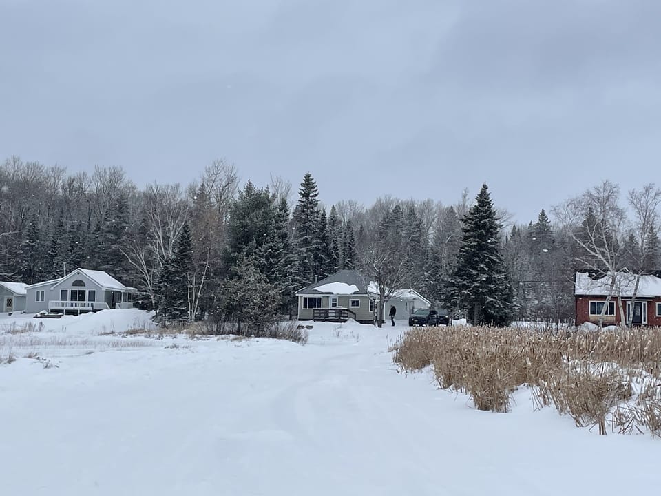 Looking at house from frozen lake. 
House in center