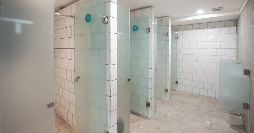 Shower, rainfall showerhead, hair dryer, slippers