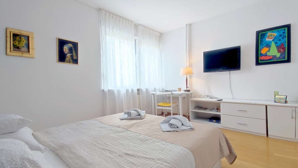 Bedroom with double bed, big closet, air condition, working desk and TV