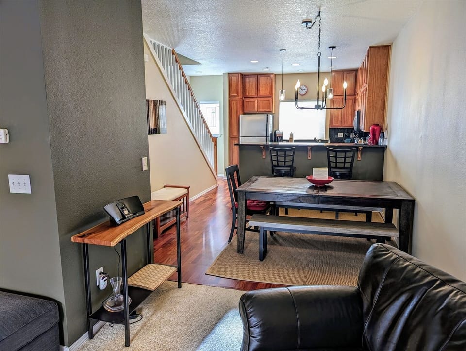 View looking out to dining area from living room.