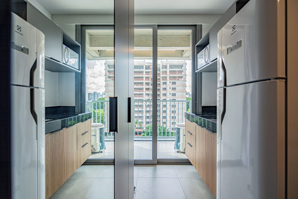Fridge, microwave, cookware/dishes/utensils