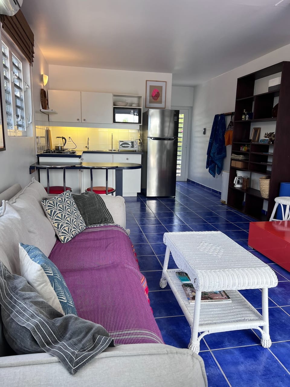 Looking from the living room to the island kitchen bar