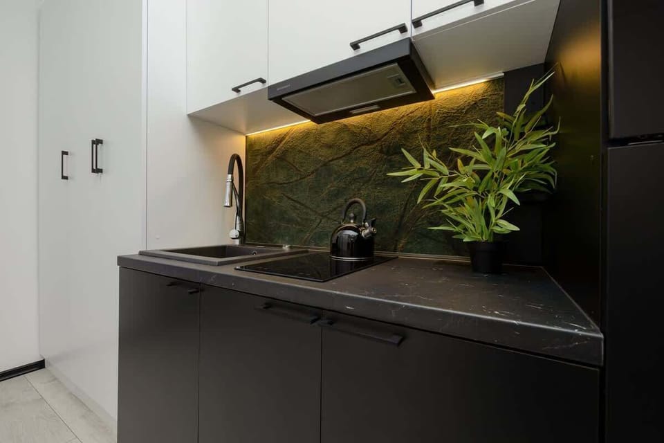 A sleek black kitchen with under-cabinet lighting, minimalist design, and green plants adding a fresh touch to the decor.

