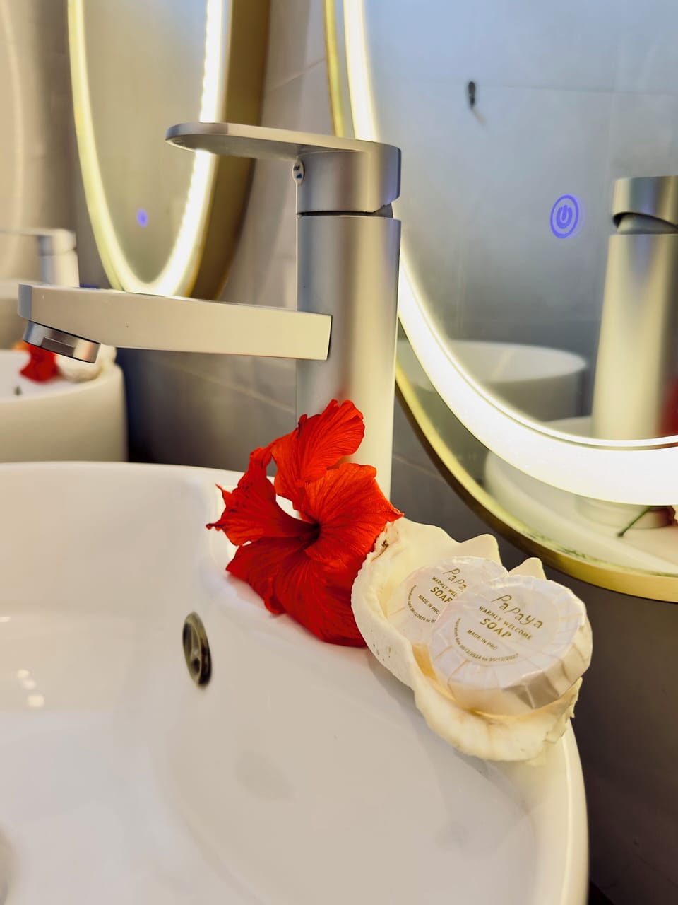 Shower, rainfall showerhead, hair dryer, towels