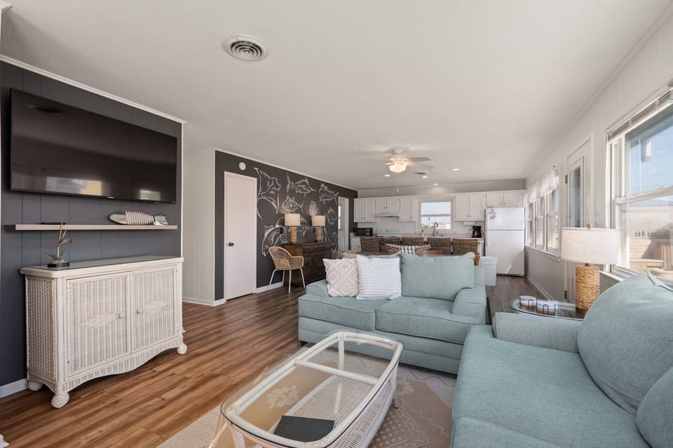 Living room, with dining & kitchen beyond