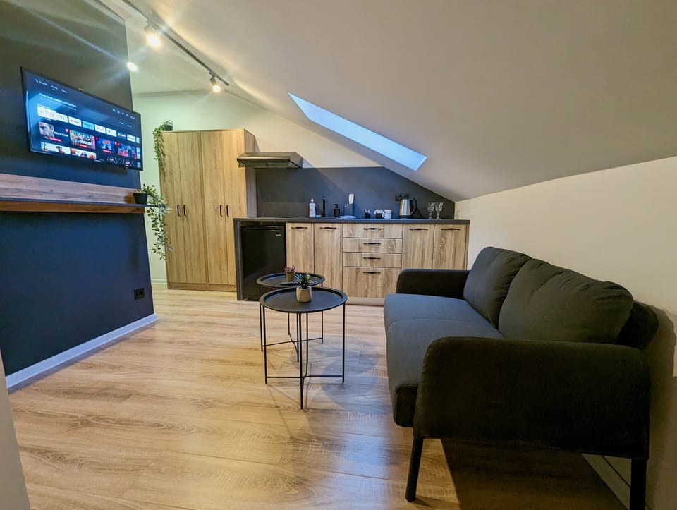 Pohovka, smart TV a kuchyňský kout plně vybavený. (1)