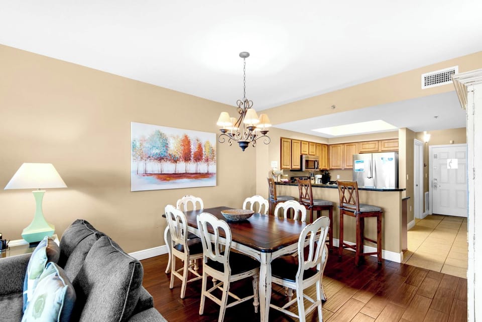 The dining table has seating for six