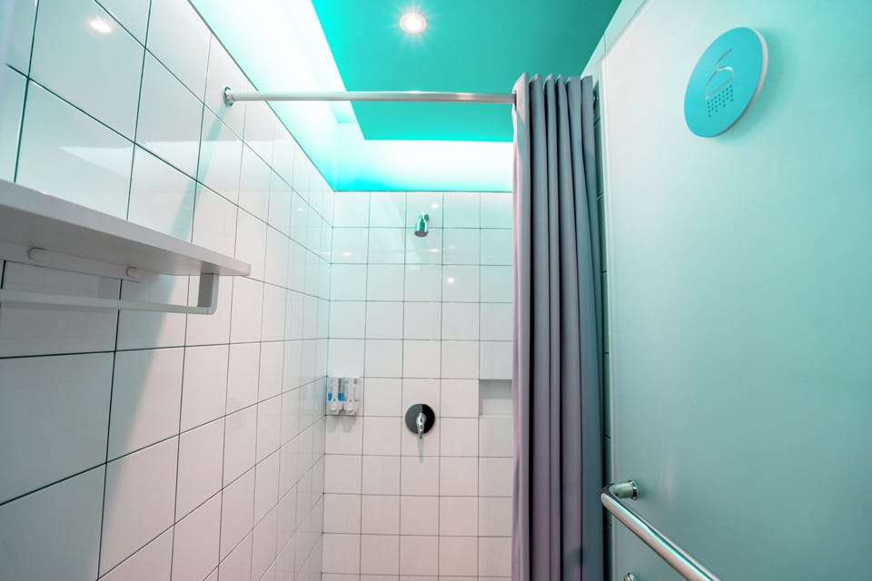 Shower, rainfall showerhead, bidet, towels