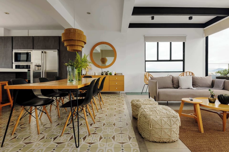 Open-concept dining and living room.