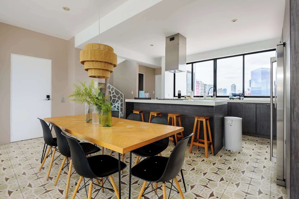 Stylish dining area with city views.