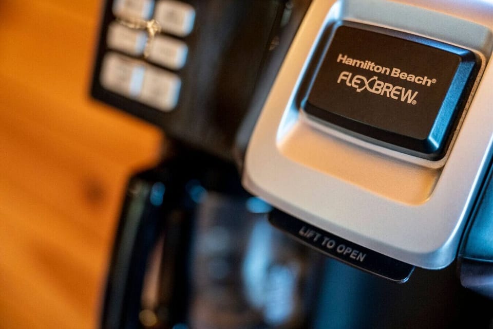 A dual coffee maker provides options for both K-cups and traditional coffee.