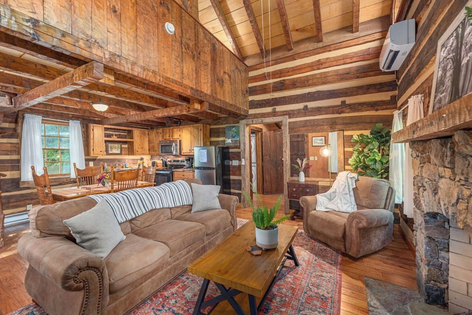 Comfy and cozy little living room with a couch you can melt into, a fireplace to be warm by, and a small TV for a bit of entertainment. 