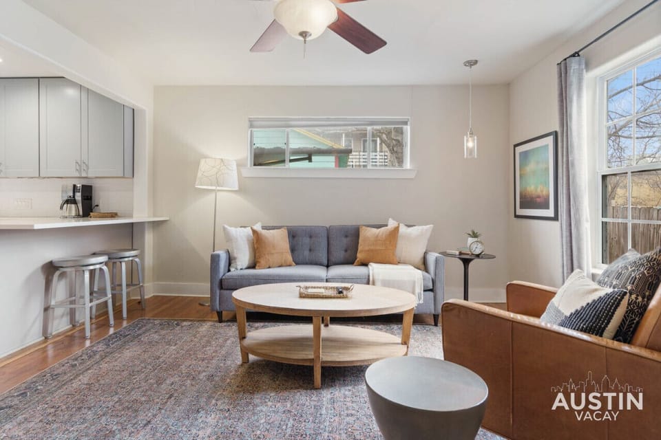 Spacious living room with sleeper sofa, smart tv, and games!