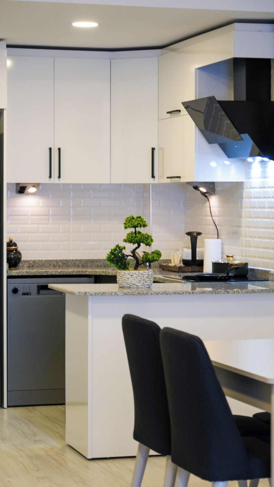 Full-size fridge, oven, stovetop, dishwasher