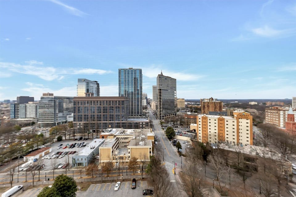 Elevated city views overlooking streets & surrounding buildings from above