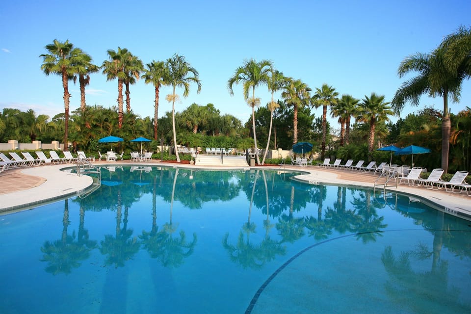 Resort-style community pool surrounded by tropical landscaping, lounge chairs, and palm trees.