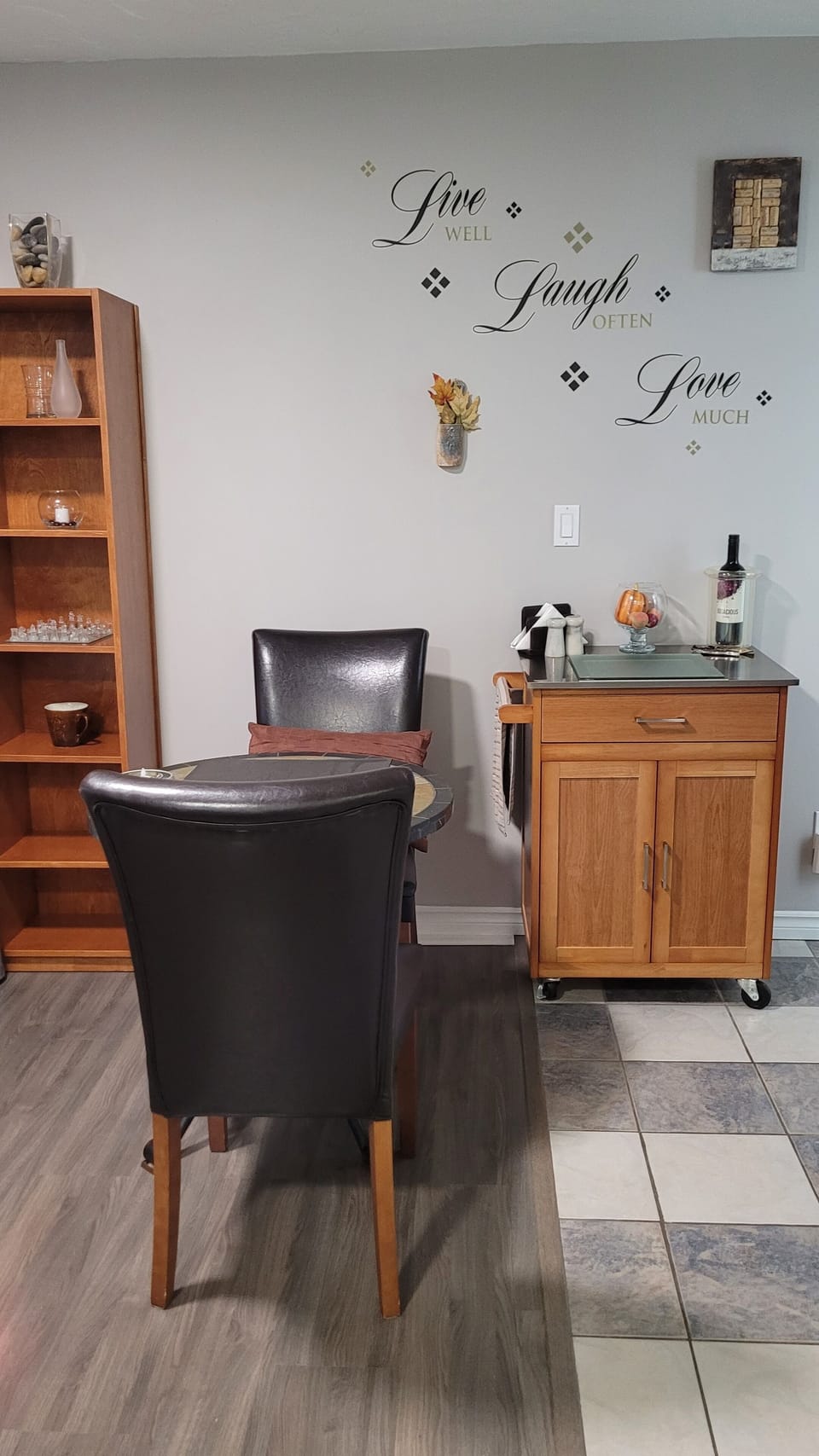 Bistro table & chairs for work/meals & kitchen cart. Lap desk for work in bed...