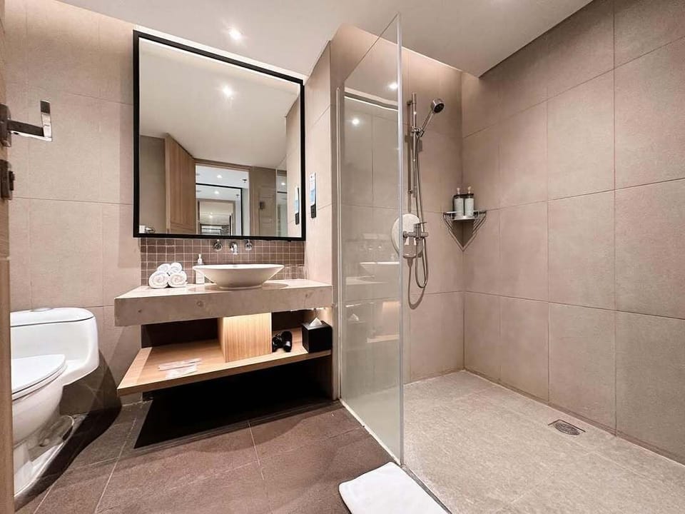 Shower, rainfall showerhead, hair dryer, slippers