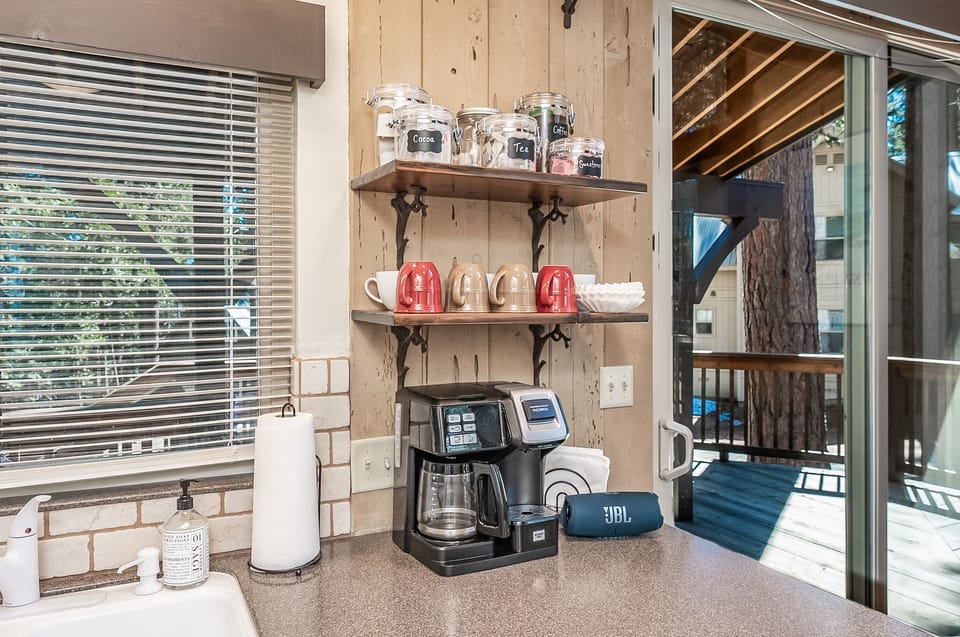 Blue Jay cabin is decorated and stocked with amenities. From red wine, hot cocoa, and coffee -we've got you covered!