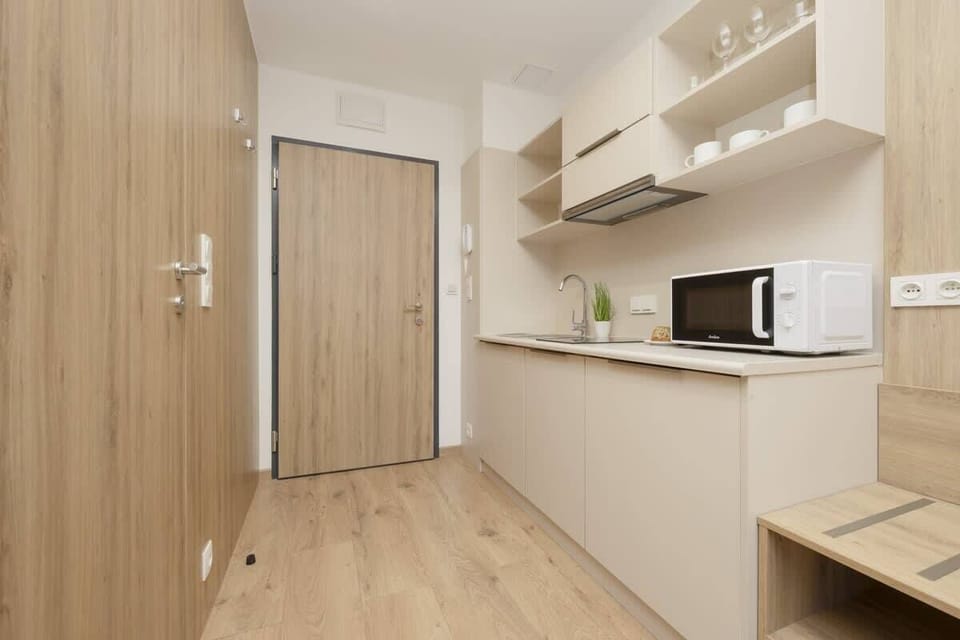 A welcoming entryway with a sturdy wooden door, open shelving, and a small kitchenette, providing a functional and organized living space.

