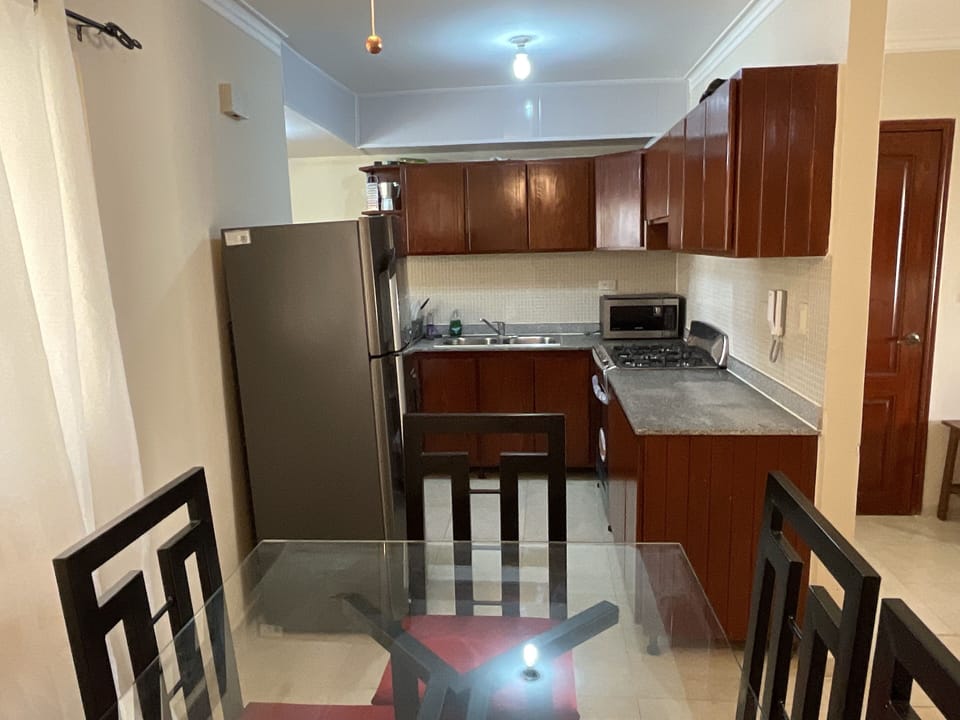 Full-size fridge, microwave, oven, blender