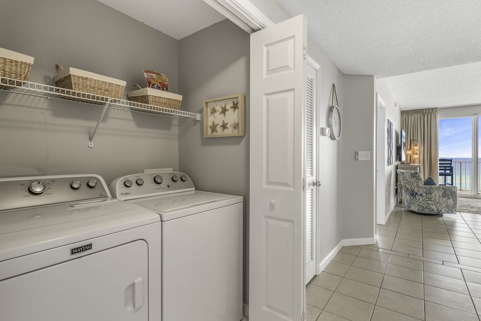 Full-size washer and dryer with plenty of laundry supplies for your stay.