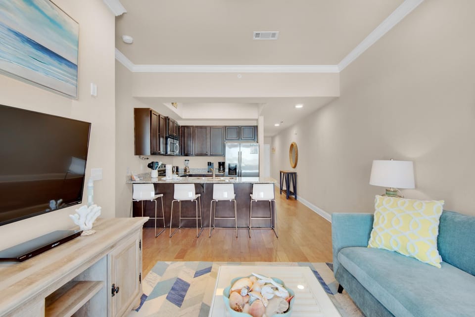 Condo, 1 King Bed with Sofa bed (Alerio E402- Just Beachy) | Living area | TV