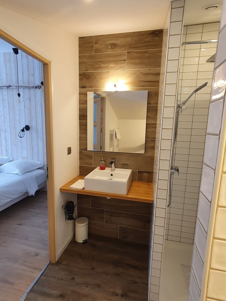 Shower, rainfall showerhead, hair dryer, towels