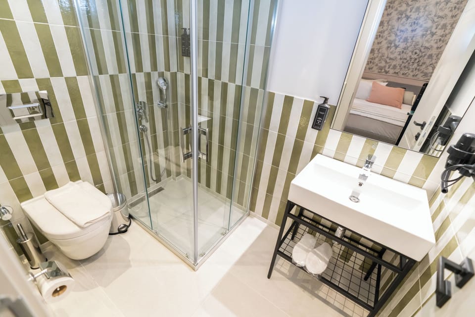 Shower, free toiletries, hair dryer, slippers