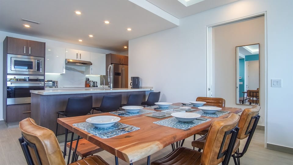 Negative edge dining table by the kitchen counter