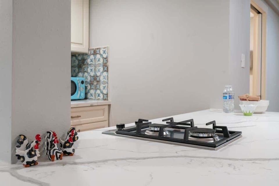 The stove is a two-burner gas stove. You can boil something at the same time as frying up some food! 