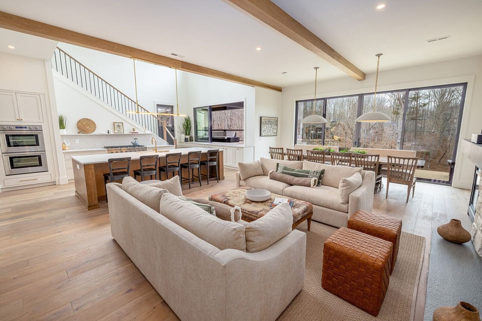 Great room, with dining and kitchen.