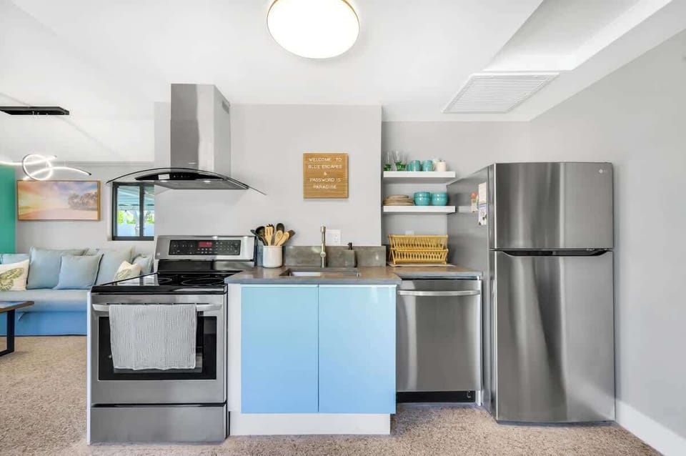 The kitchen has all your essentials! From cutting boards and toaster to olive oil and spices, we've got you covered.