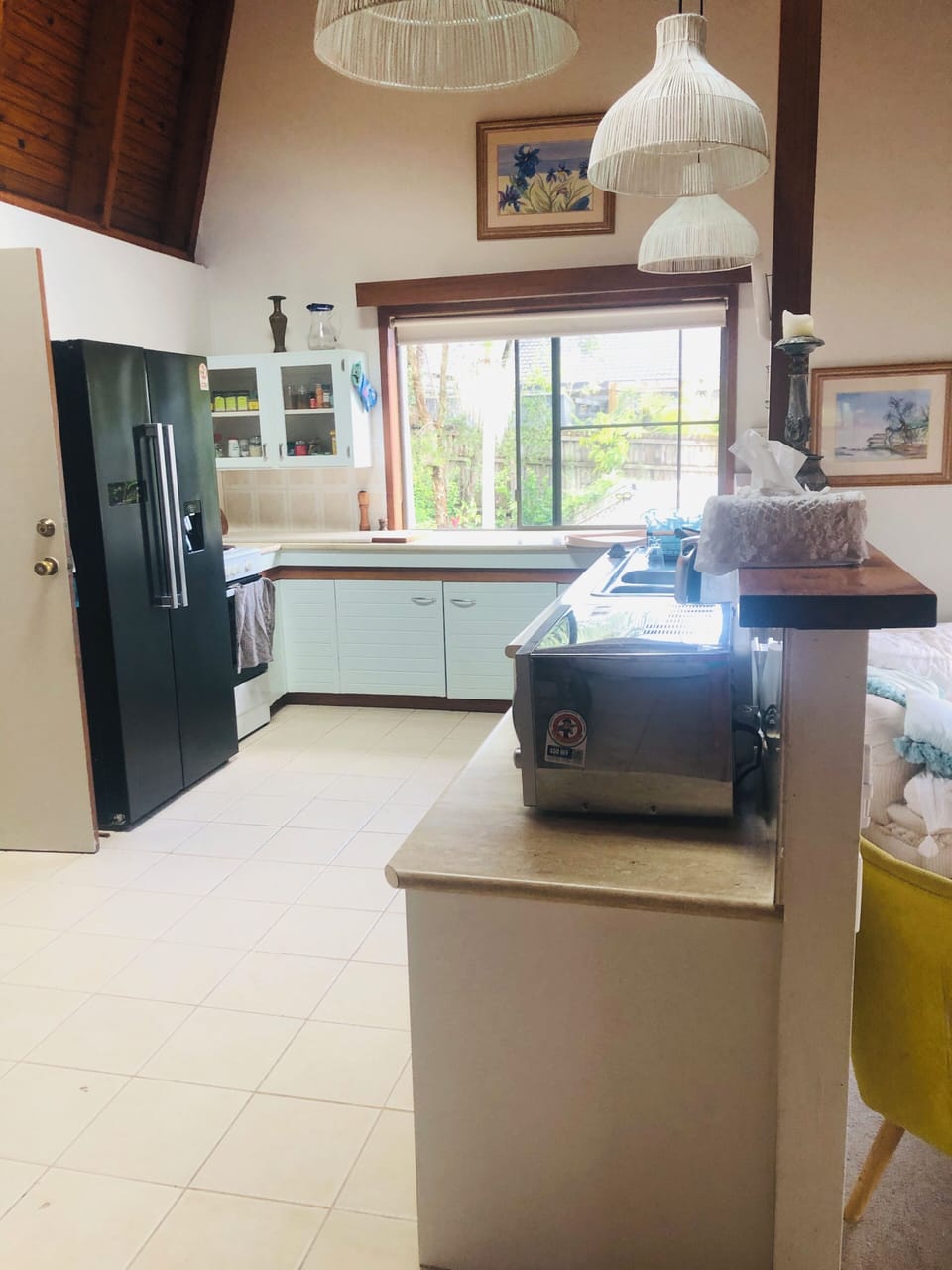 Kitchen frig stove microwave toaster and kettle