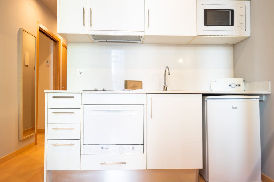 Full-size fridge, microwave, stovetop, dishwasher