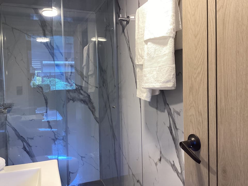 Shower, rainfall showerhead, towels, soap