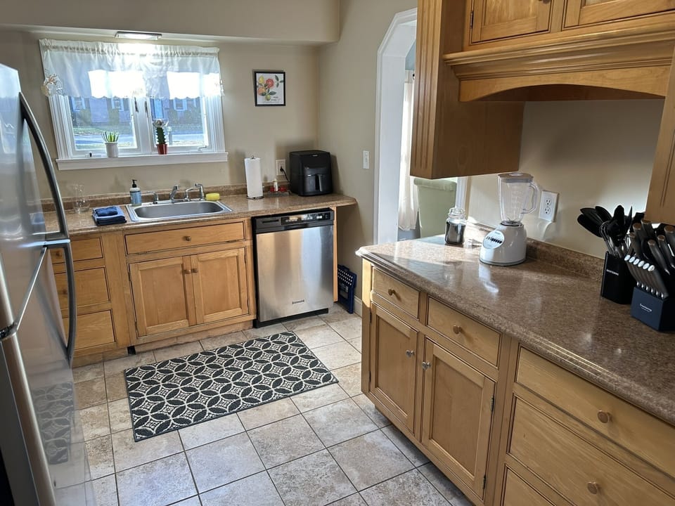 Kitchen sink, counter, cabinets and dishwasher.