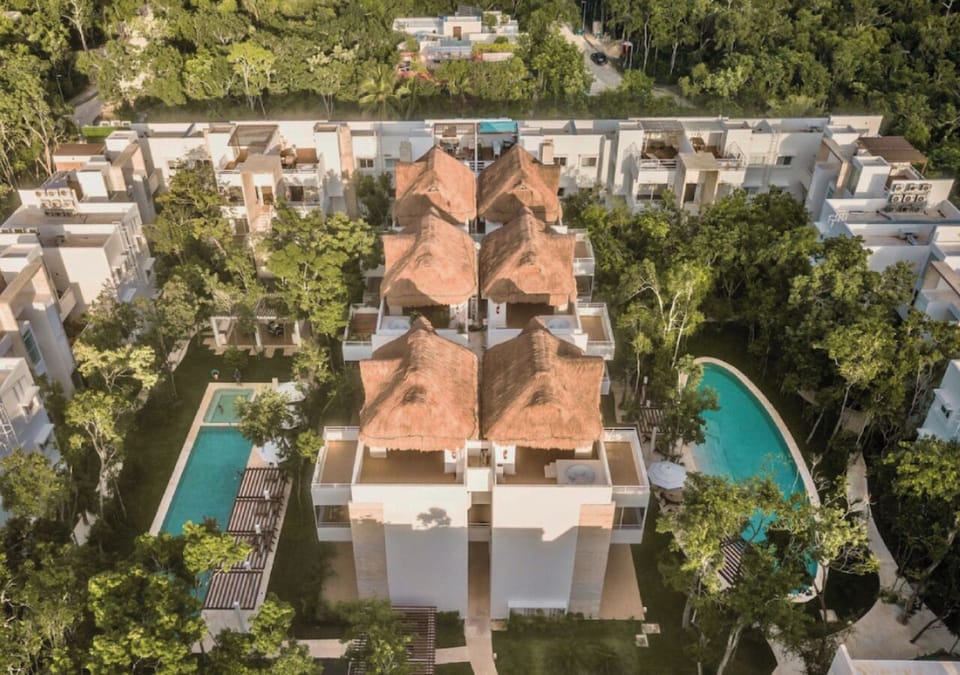 bird's eye view of our complex, featuring two sparkling pools for your relaxation and enjoyment.