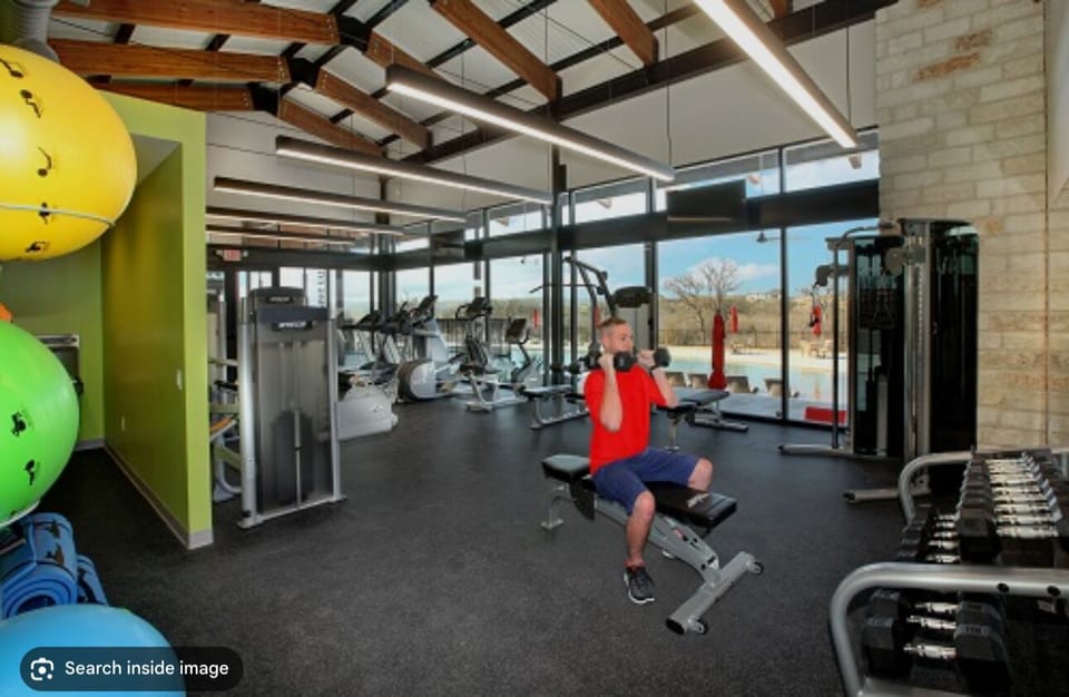 Gym with various weight access, bikes, pool, open until dawn to dusk. 