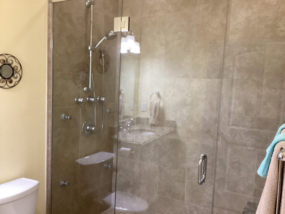 Master walk in shower with rain forest shower head and 6 jets.