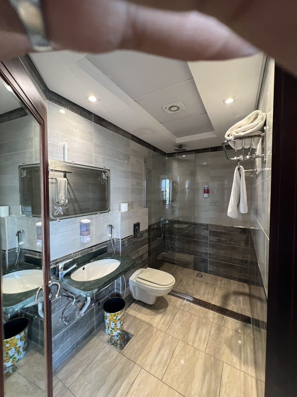 Shower, rainfall showerhead, hair dryer, slippers