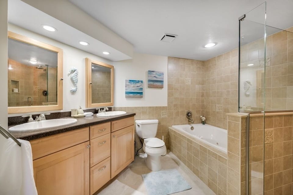 Master bathroom with jetted tub, separate shower and double vanity