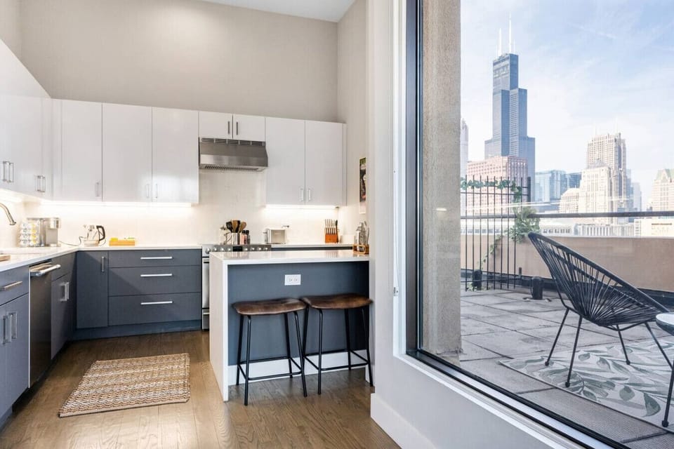 Modern kitchen with a view of Willis Tower!