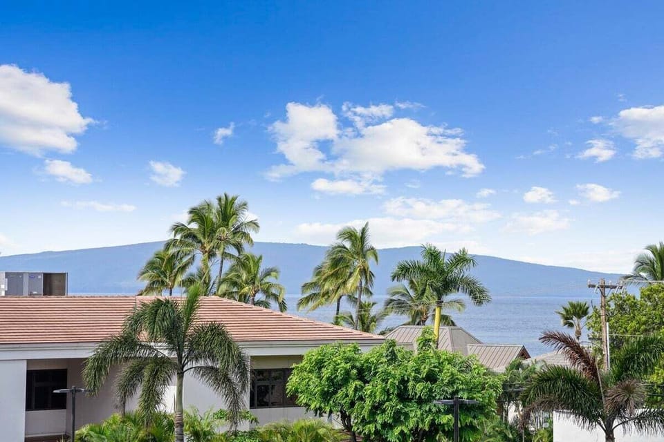 Tropical landscape with ocean views — red-tiled roofs, swaying palms, and blue skies.
