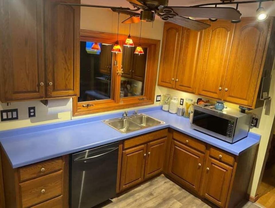 Kitchen sink, counter, dishwasher and microwave