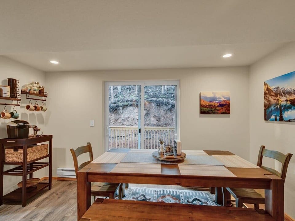 Second-level dining area next to patio access